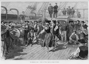 The emigrants on board. Engraving to illustrate the story Voyage a la Plata, three months of vacation by Emile Blaireaux in 1886, in the tour du monde 1887, under the direction of Edouard Charton, Hachette, Paris. by Oswaldo Tofani