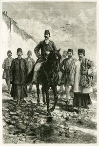 The governor of Kachan (or Kashan, in Teheran province, present-day Iran) rides a black horse and his suite is on foot. Engraving by Tofani, from a photograph, to illustrate the story Persia, Chaldee and Susiane in 1881-1882, by Jane Dieulafoy (nee Magre)