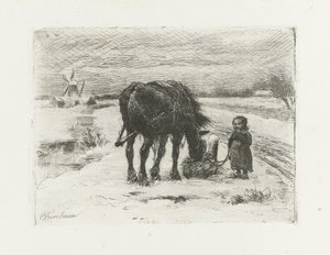 Snowy Landscape with Child and Horse by Otto Eerelman