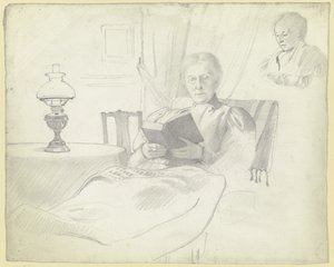 Luise Scholderer Reading with Table and Lamp, Bust Portrait of a Female Figure in the Background by Otto Scholderer