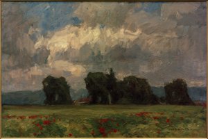 Dark Poplar Landscape with Poppies