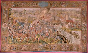 Flemish Tapestry. Series Triumphs and Battles of Archduke Albert. Surprise at Calais. First Tapestry in the Series. Model Otto van Veen and Hans I Snellinck. Manufacture Martin Reynbouts, Brussels. 1597-1599. Fabric Gold, Silver, Silk and Wool. by Otto van Veen