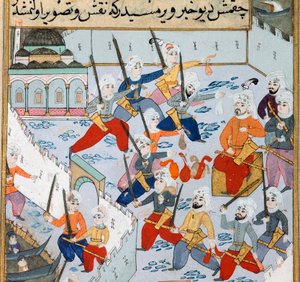 Capture of Constantinople: the army of the Ottoman Sultan Mehmet II in the Golden Horn besieged the city of Constantinople in 1453. 15th century miniature. Topkapi Sarayi Museum Library Istanbul