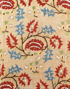 Detail of a Linen Cover, Embroidered with a Meander of Red and Blue Flower Sprays