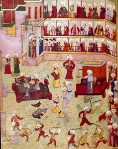 Festivities organized on the occasion of the circumcision of the son of the Ottoman Sultan Murad II (Murat) (1404-1451), jugglers, acrobats and goldsmiths came to present samples. Miniature of the 16th century. Istanbul, Topkapi Sarayi Museum Library