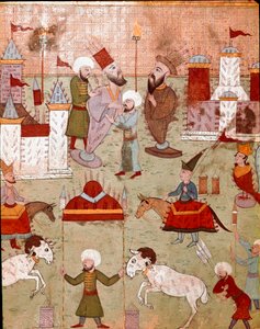 Festivities organized on the occasion of the circumcision of the son of the Ottoman Sultan Murad II, preparation of fireworks. Miniature of the 16th century. Istanbul, Topkapi Sarayi Museum Library