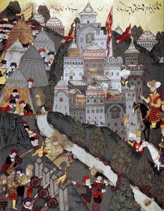 Ottoman Empire: Sultan Bayezid I (Bajazet) (1360 around 1402) returned victorious to the city of Nicopolis after the battle of the same name on 25/09/1396. 16th century miniature. Istanbul, Topkapi Sarayi Museum Library by Ottoman School