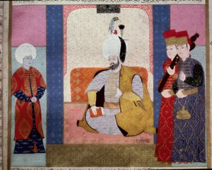 Ottoman Empire: Sultan Murad III surrounds courtiers. Miniature from 