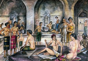 Turkish bath, watercolor, Ottoman civilization