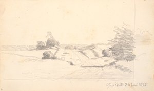 A field road with some bushes in the foreground. In the background a forest edge by P.C. Skovgaard