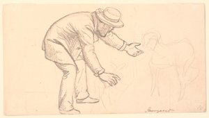 The Man Bending Over the Fawn and Pointing Towards a Dog