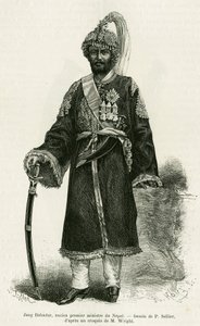 Jang Bahadur, Prime Minister of Nepal. Engraving by P.Sellier to illustrate the story Voyage au Nepal, by Dr. Gustave Le Bon, in le tour du monde 1886, directed by Edouard Charton, Hachette, Paris by P. (after) Sellier