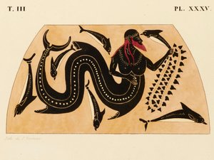 Print of the Decoration on a Greek Amphora, showing Poseidon accompanied by Dolphins, c. 1858