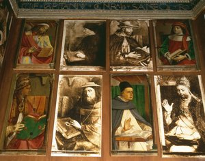 The Study of Federigo da Montefeltro, Duke of Urbino, clockwise from TL: Euclides of Megara, Greek philosopher (450-374 BC); Vittorino da Feltre, Italian educator (1378-1446); Solon, Athenian legislator