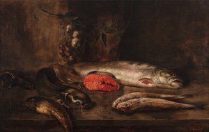A Still Life of Fish with a Carp, Catfish, Salmon, Red Mull, Eels, and Sole on a Tabletop with Hanging Garlic and Shallots