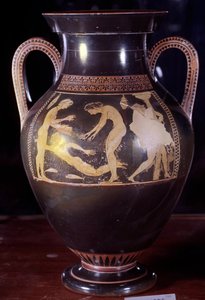 Attic ceramic amphora with white figures representing a woman bath scene. Attributed to Andokides (6th century BC)