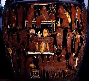 Apulian red-figure volute-crater, detail of the sacrifice of Trojan prisoners by Achilles at the funeral of Patroclus, Greek, from Canosa, 4th century BC