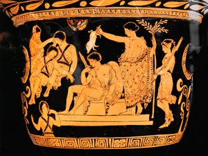 Red-Figured Bell-Crater from Apulia: Apollo Purifies Orestes with the Blood of a Piglet by Painter Eumenides