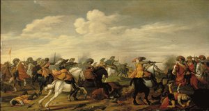 A cavalry skirmish in a landscape by Palamedes Palamedesz