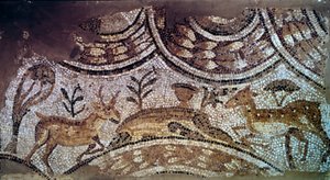 Paleochristian art: fragment of church mosaics: deer and deer drinking Water. 6th century AD. From Carthage, Bir Ftouha, Tunisia by Paleo Christian