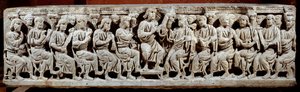 Paleochristian art: carved sarcophagus depicting Christ teaching with the atres
