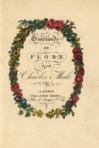 Calligraphic title page within a floral wreath of roses, tulips, and other flowers