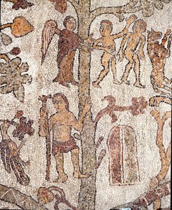 Adam and Eve Expelled from the Garden of Eden, Mosaic of Pantaleone, Priest and Mosaicist. 1163-1166. Central Nave of the Cathedral of Otranto by Pantaleon
