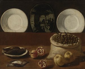 Still Life with Plates, a Sack Filled with Olives, Game, Pomegranates, and Quince