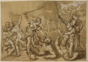 Justice, Mercury and Minerva Defeat the Vices While a Group of Goddesses Watch from the Clouds by Paolo Farinati