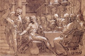 The supper of Saint Gregory, drawing by Paolo Farinati, grey-brown watercolour, pen, white lead, and black pencil, Italy