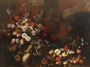 Still Life with Flowers, Fruit, Mushrooms and Birds by Paolo Porpora