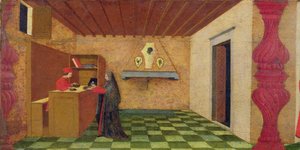 Predella of the Profanation of the Host: The Christian Woman Forced to Redeem her Cloak at the Price of the Consecrated Host by a Jewish Pawnbroker (detail) by Paolo Uccello