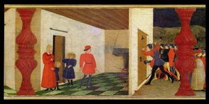Predella of the Profanation of the Host: The Jewish Pawnbroker Roasting the Consecrated Host in the Fire Which Streams with Blood Arousing the Attention of the Bailiffs who Batter Down the Door (detail)