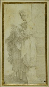 Standing figure of a girl with bulky draperies