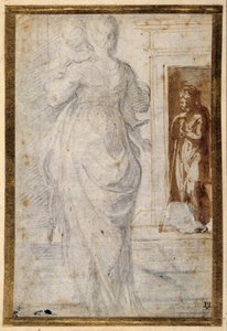 Back view of a woman carrying a child; a man leaning on his staff waits in a doorway by Parmigianino