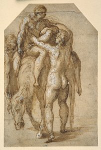 Two nude men lifting a sick man from a tired horse