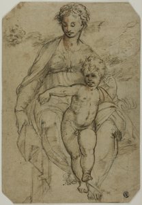 Virgin and Child (recto); Sketch of Three Saints and Caricature Sketch (verso) by Parmigianino