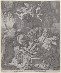 Christ being laid into the sepulcher as the Virgin stands weeping behind by Pasquale Ottino