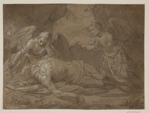 The Dead Christ Mourned by Two Angels