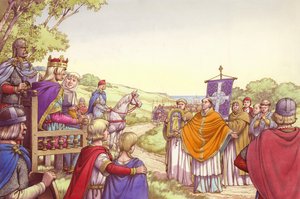 Augustine Facing King Ethelbert and His Queen, Bertha by Pat (1907-95) Nicolle