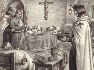 Godfrey de Bouillon Watches Benedictine Monks Caring for the Wounded by Pat (1907-95) Nicolle