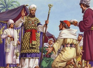 The three wise men asking Herod "Where is the babe who is born to be King of the Jews?"