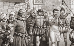 King Henri III of France doing penance by walking through the streets of Paris in a hair shirt whilst being whipped by Pat (1907-95) Nicolle