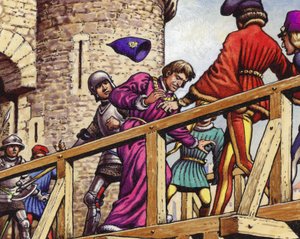 The Dauphin meets John the Fearless, Duke of Burgundy, on the bridge across the Seine by Pat (1907-95) Nicolle
