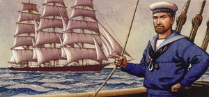 Well-dressed sailor and square-rigger sailing ship by Pat (1907-95) Nicolle