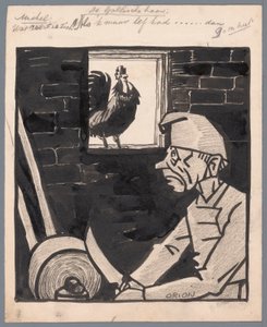 Man Sharpening Knife While the French Rooster Crows by Patricq Kroon (signed by artist)