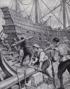 Building of the English galleon Ark Royal, the flagship in the fight against the Spanish Armada in 1588