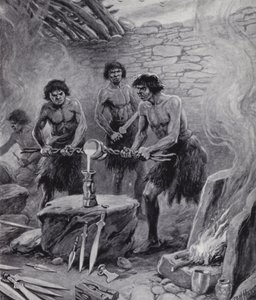 Men working in a foundry during the Bronze Age by Paul (after) Hardy