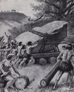 Paleolithic Men Moving a Giant Slab of Rock on Wheels (litho) by Paul (after) Hardy
