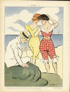 Illustration of Paul Balluriau (1860-1917) in Le Rire, 01/08/08 - Beaches - Leisure, Love, Fashion, Maritime Marine Seaside, Swimwear